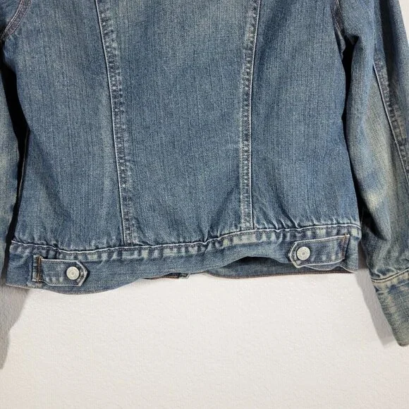 GAP Denim Trucker Jacket Women Medium Sherpa Lined Snap Button Pockets Blue - Picture 9 of 12